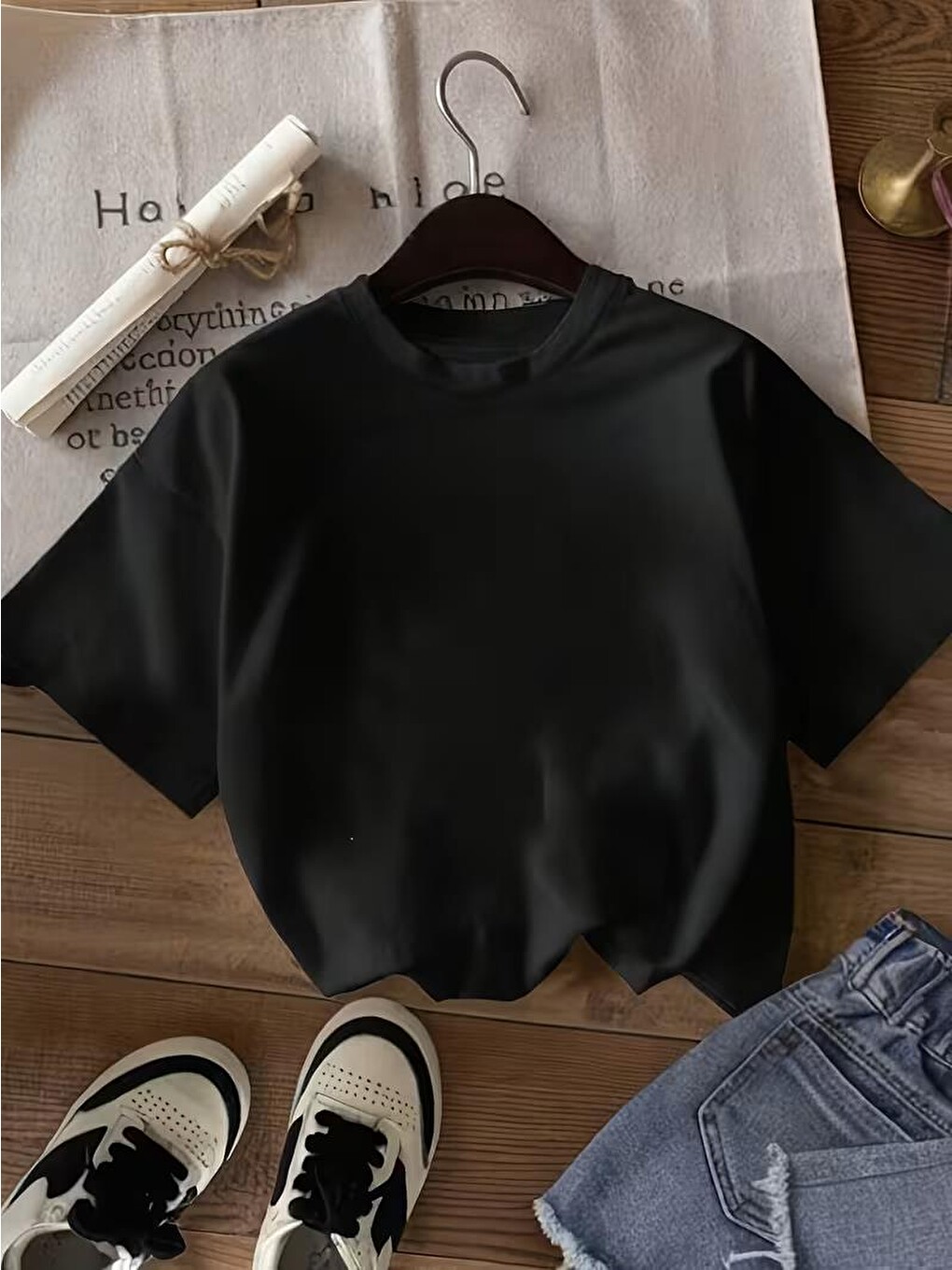 Siyah Oversize Arkası Leopar Baskılı Pamuklu Kadın T-shirt Büyük Beden Kadın Tshirt-1