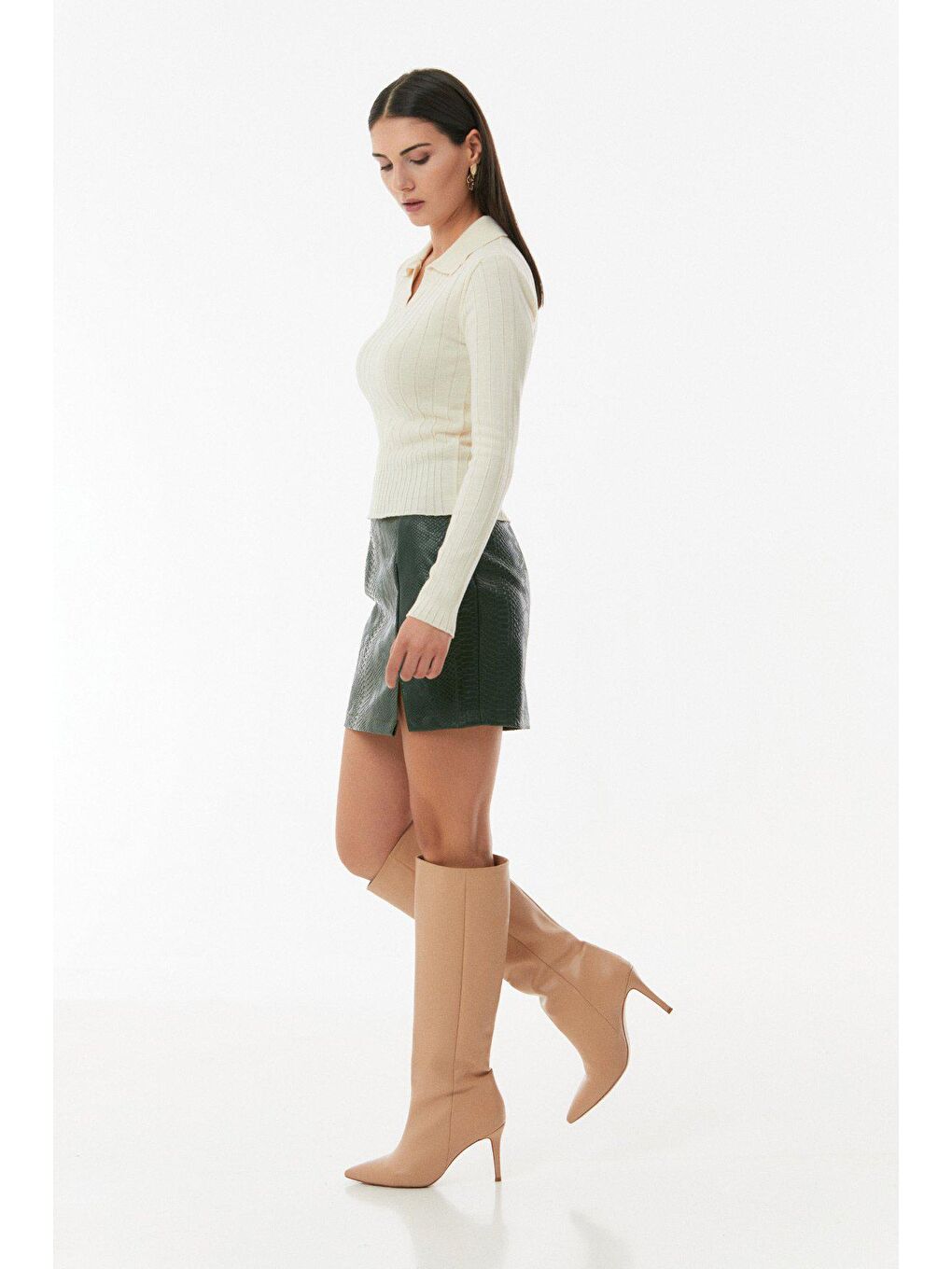 Bej Basic Polo Yaka Triko Kazak-2