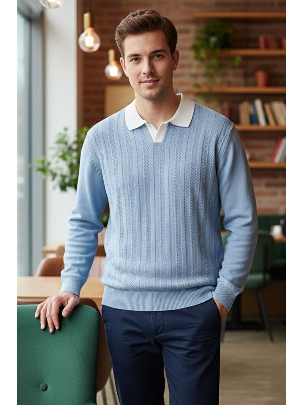 Mavi Erkek Polo Yaka Kendinden Desenli Triko Kazak