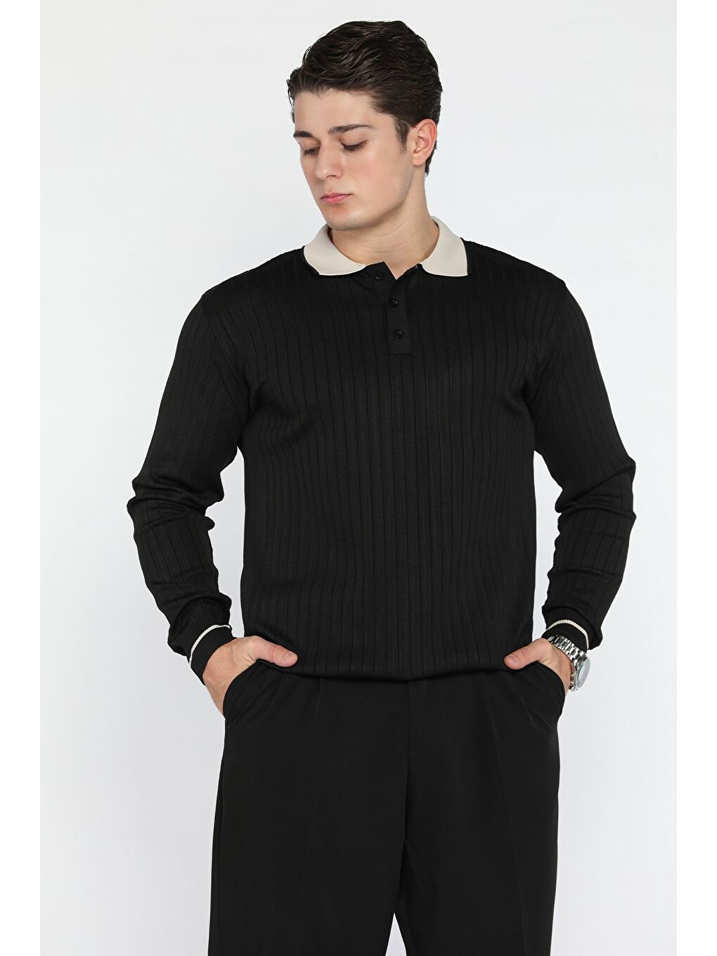 Siyah Erkek Polo Yaka Yarım Düğmeli Triko Kazak-1