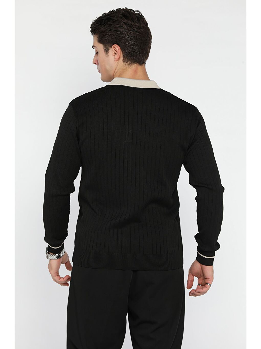 Siyah Erkek Polo Yaka Yarım Düğmeli Triko Kazak-2