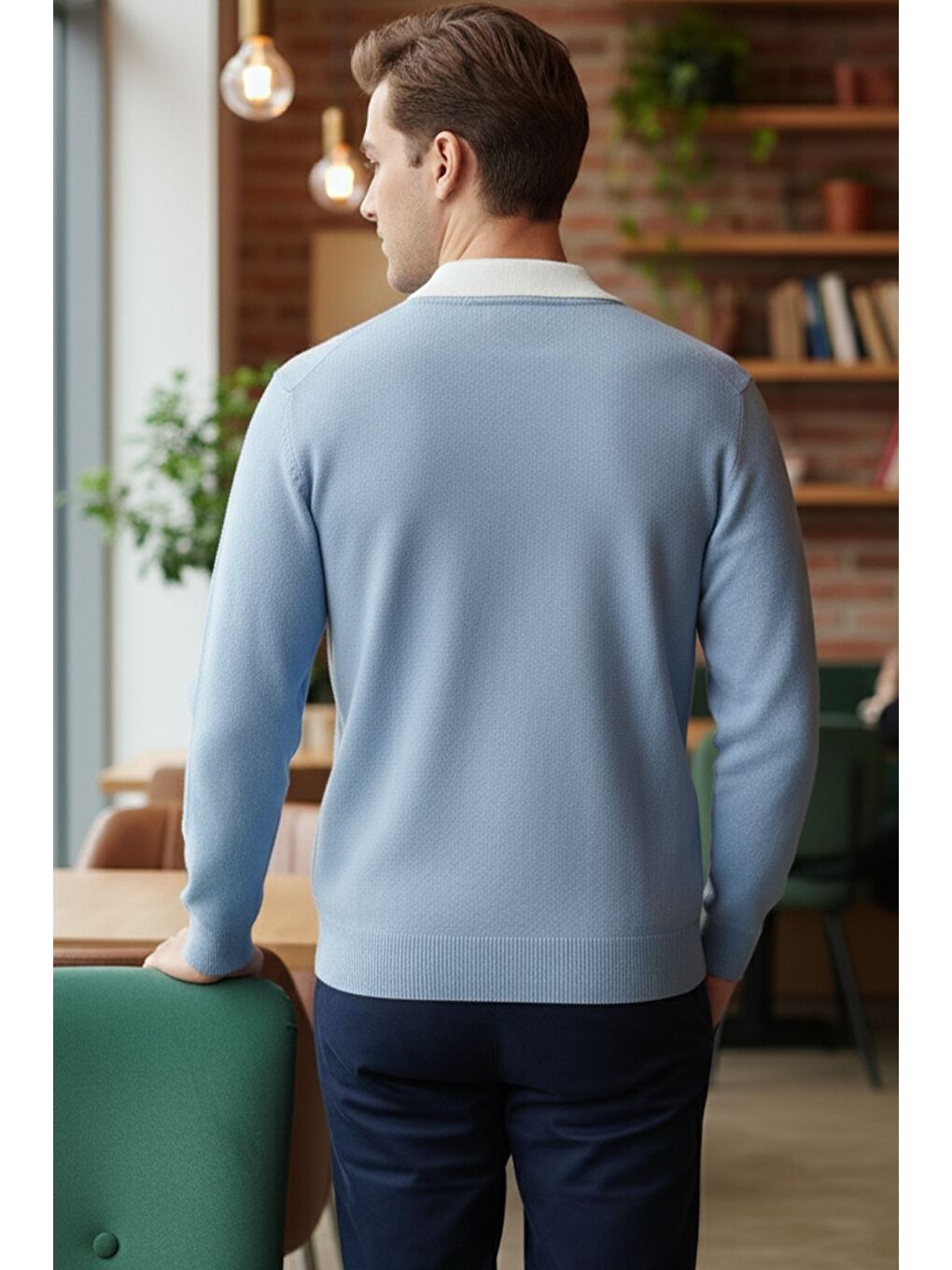 Mavi Erkek Polo Yaka Kendinden Desenli Triko Kazak-1