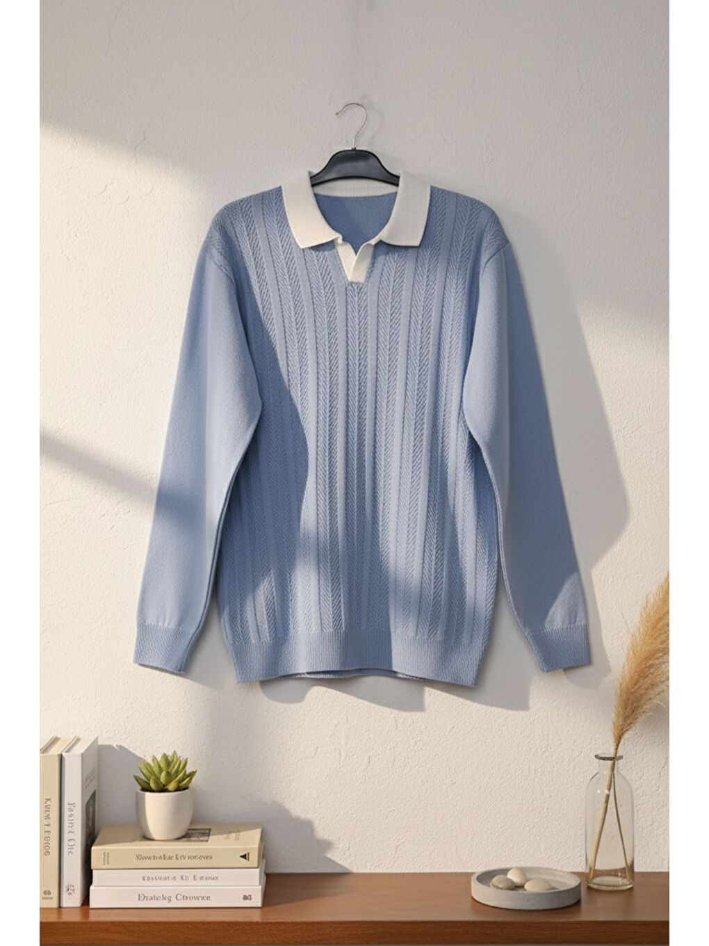 Mavi Erkek Polo Yaka Kendinden Desenli Triko Kazak-2