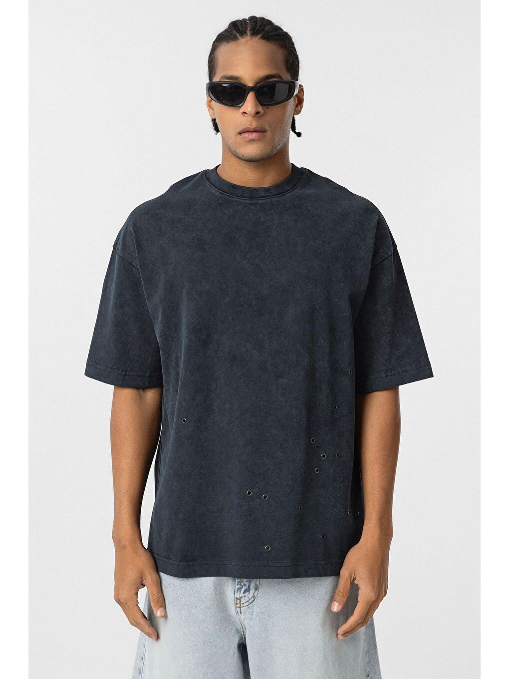 Yıkamalı Metal Detaylı Oversize Tişört Siyah-2