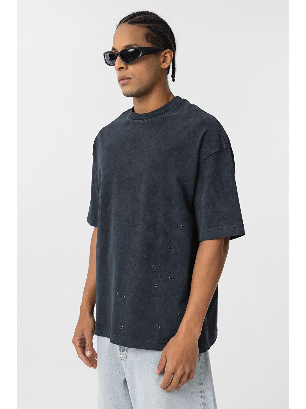 Yıkamalı Metal Detaylı Oversize Tişört Siyah-3