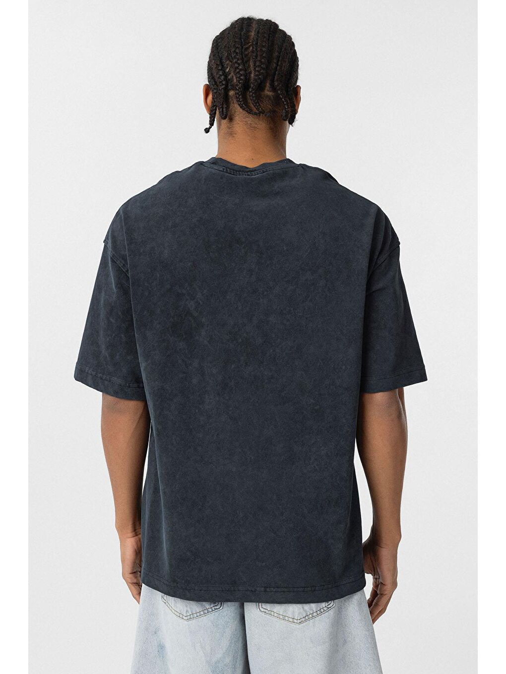 Yıkamalı Metal Detaylı Oversize Tişört Siyah-5