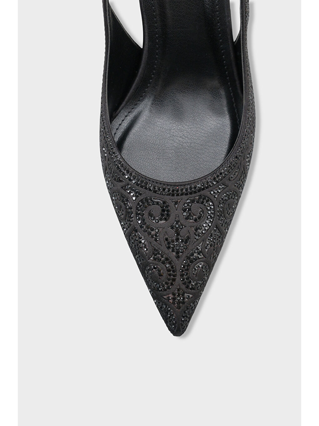 Siyah Melony Orta Topuklu Taşlı Arkası Açık Saten Kadın Ayakkabı-2