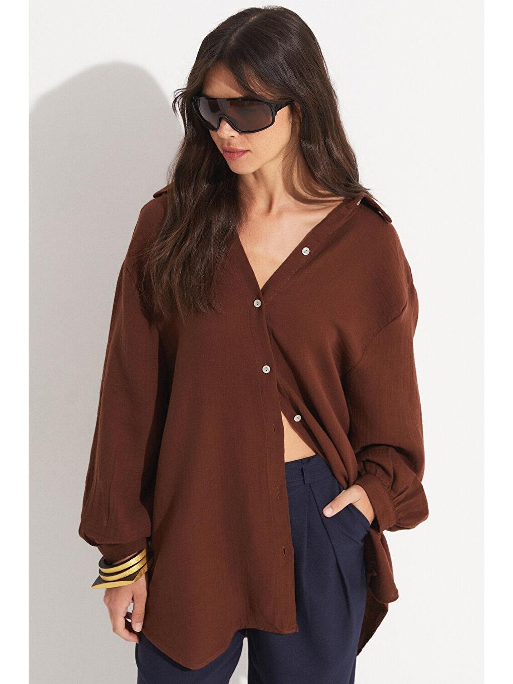 Kahverengi Kadın Pamuk Gömlek