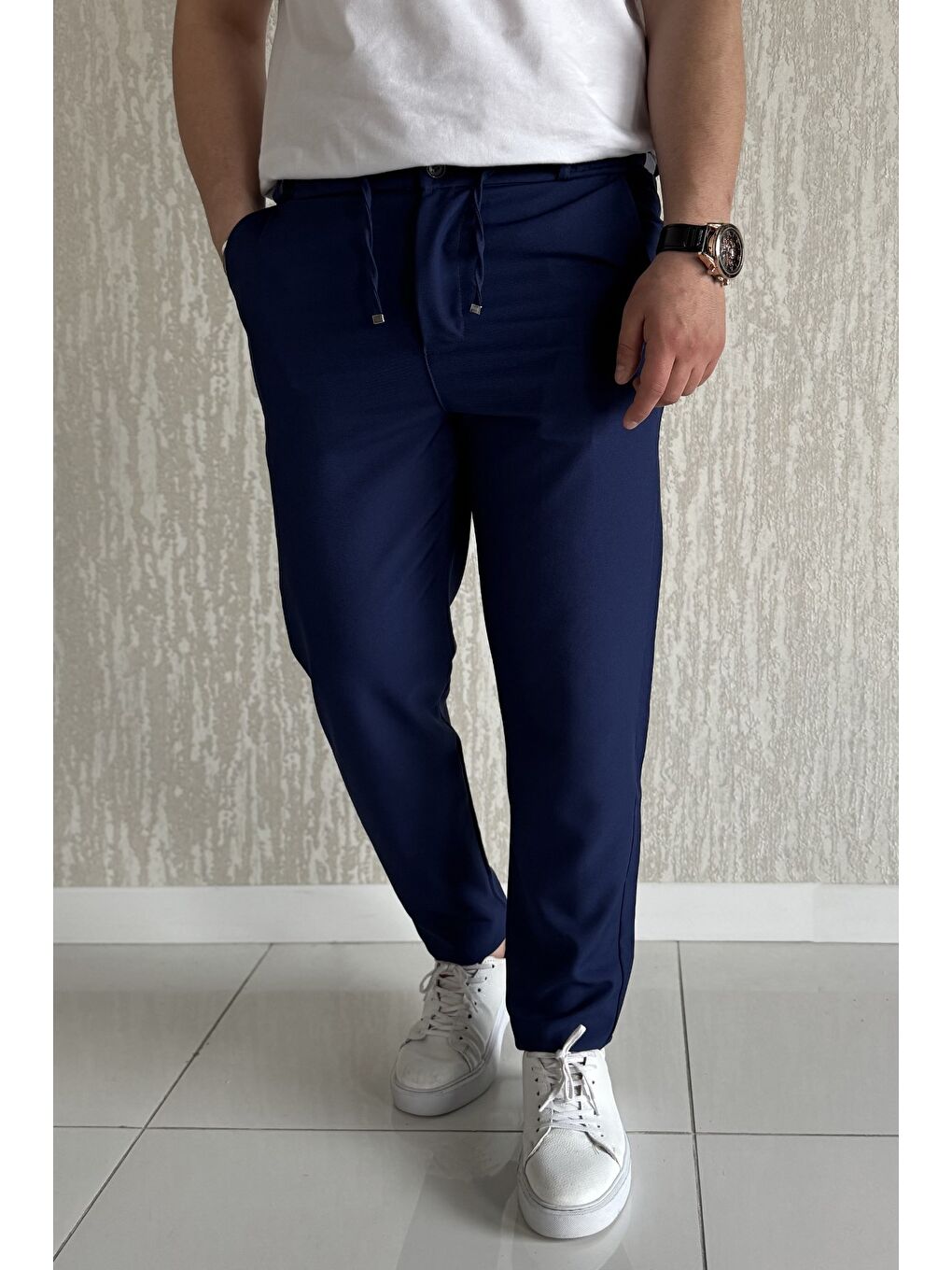 Lacivert Duble Paça Bel Bağlamalı Kumaş Erkek Pantolon