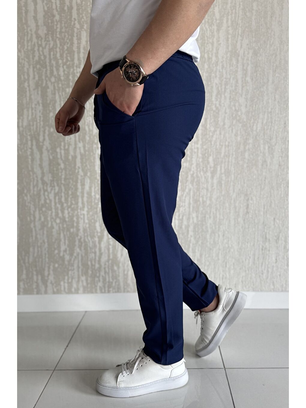 Lacivert Duble Paça Bel Bağlamalı Kumaş Erkek Pantolon-1