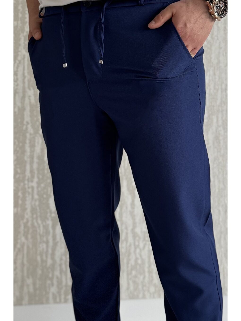 Lacivert Duble Paça Bel Bağlamalı Kumaş Erkek Pantolon-3