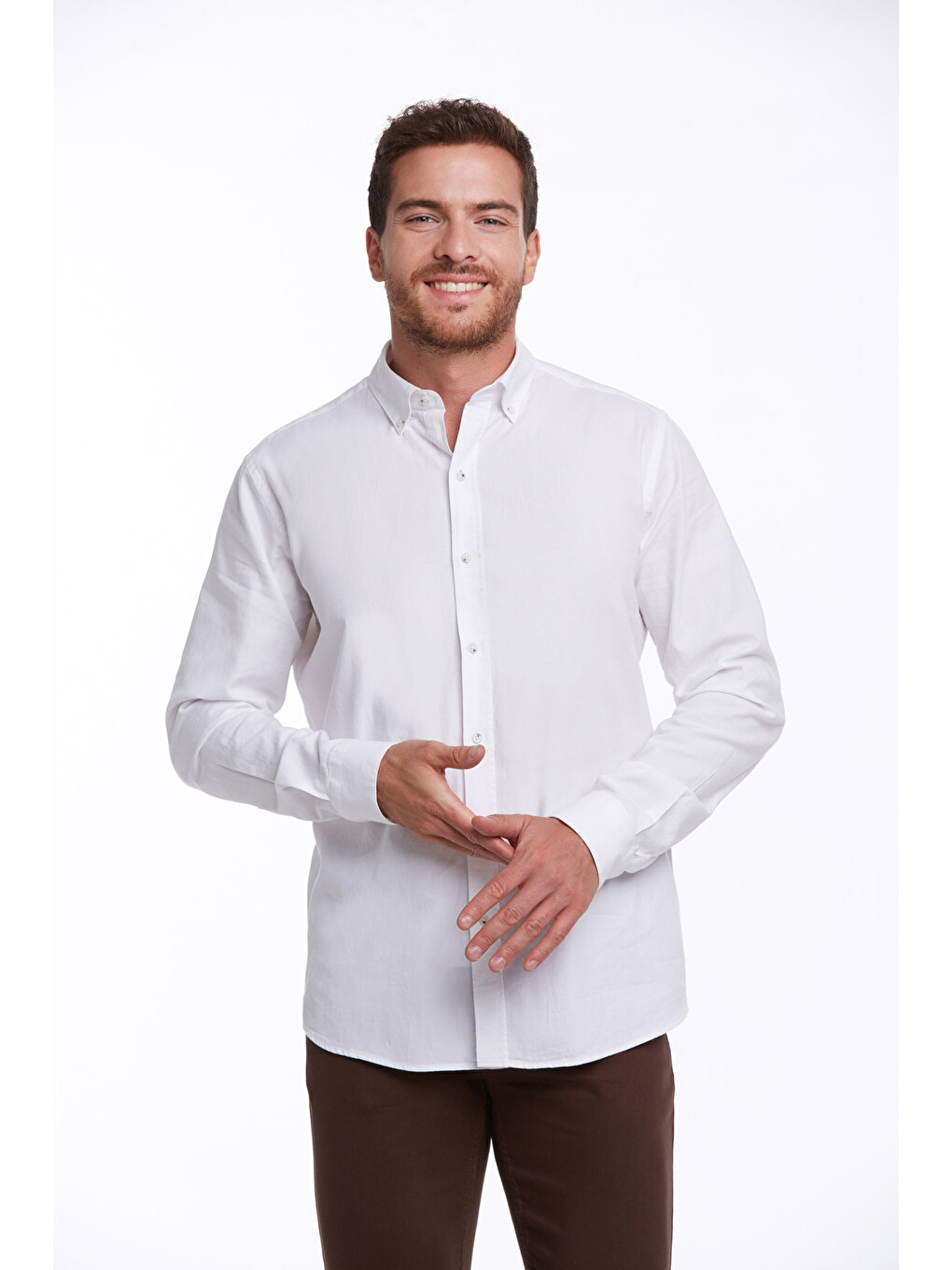 Beyaz Comfort Fit Düz 100% Pamuk Düğmeli Yaka Uzun Kollu Casual Oxford Gömlek-1