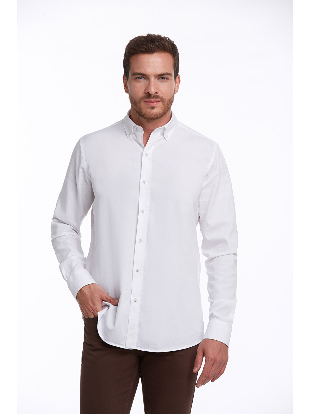 Beyaz Comfort Fit Düz 100% Pamuk Düğmeli Yaka Uzun Kollu Casual Oxford Gömlek-2