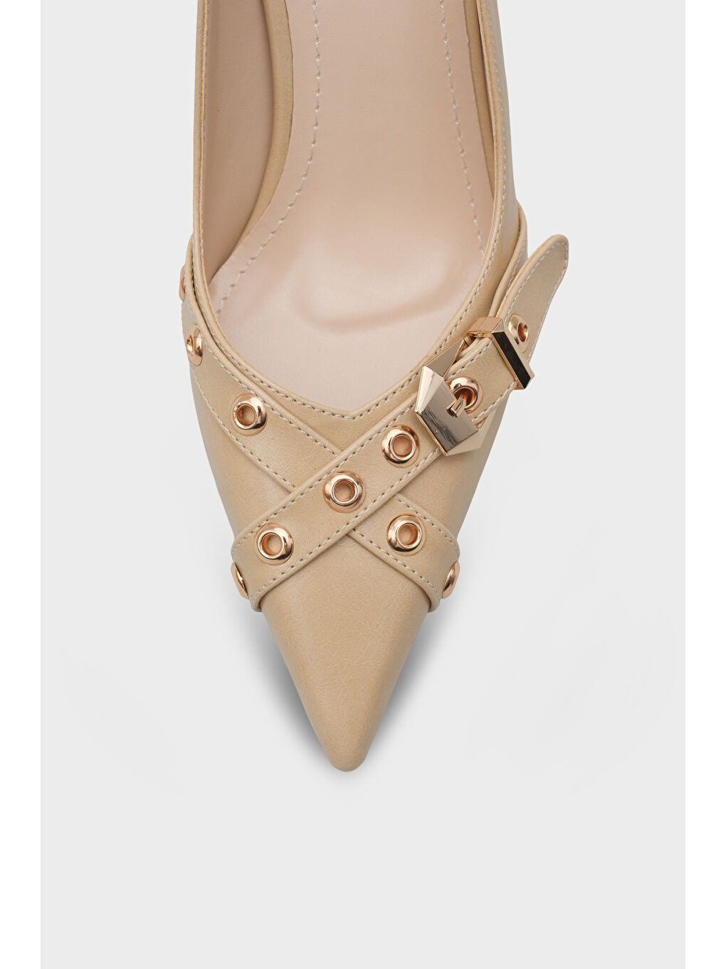 Bej Kristal Kalın Orta Topuklu Tokalı Kadın Günlük Ayakkabı-2