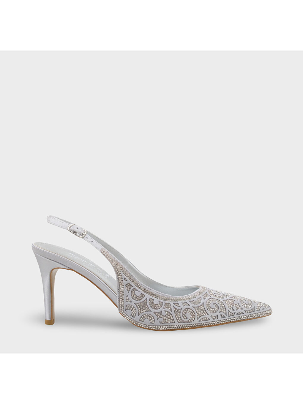 Gri Melony Orta Topuklu Taşlı Arkası Açık Saten Kadın Ayakkabı