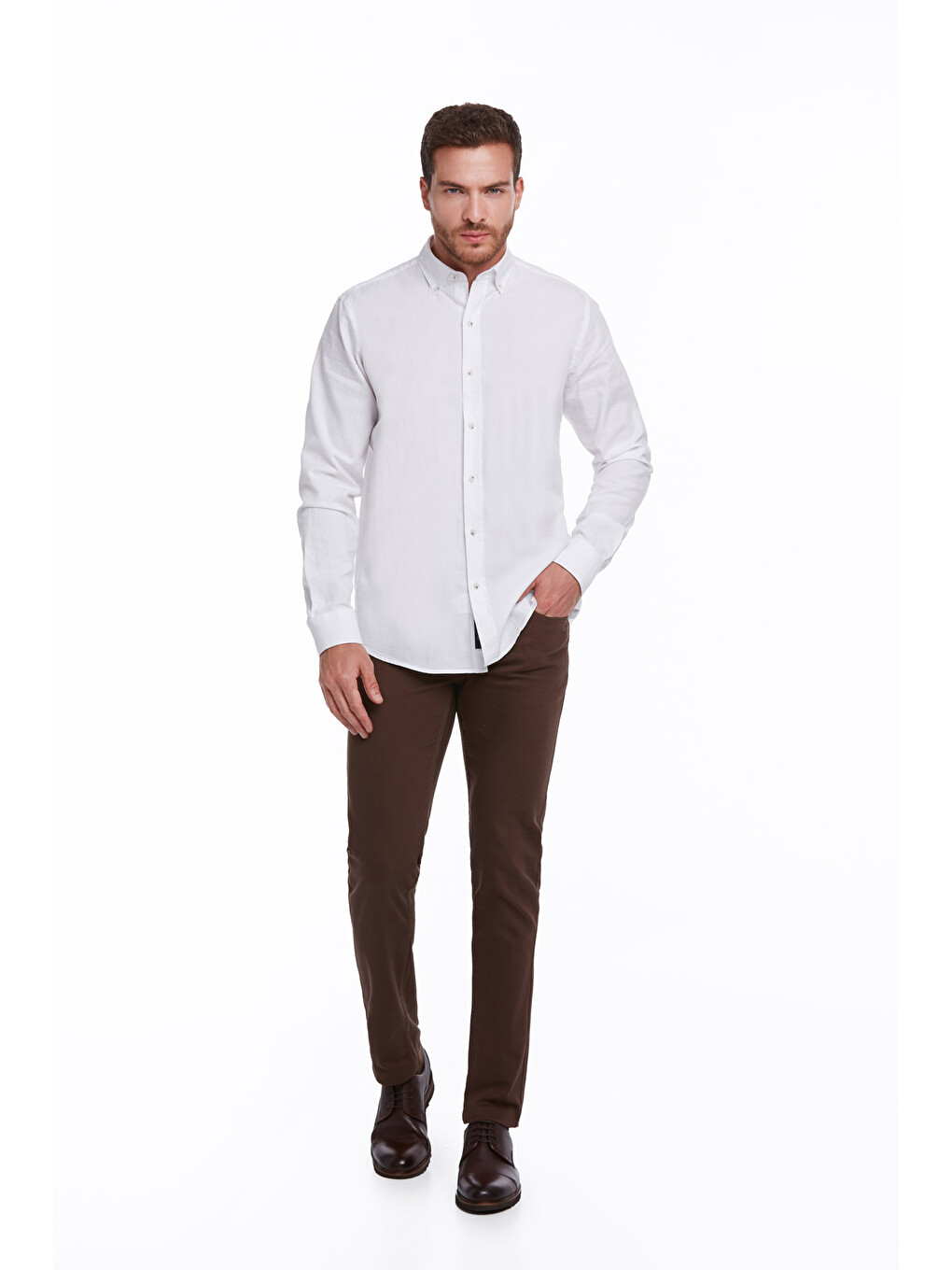 Beyaz Comfort Fit Düz 100% Pamuk Düğmeli Yaka Uzun Kollu Casual Oxford Gömlek-3