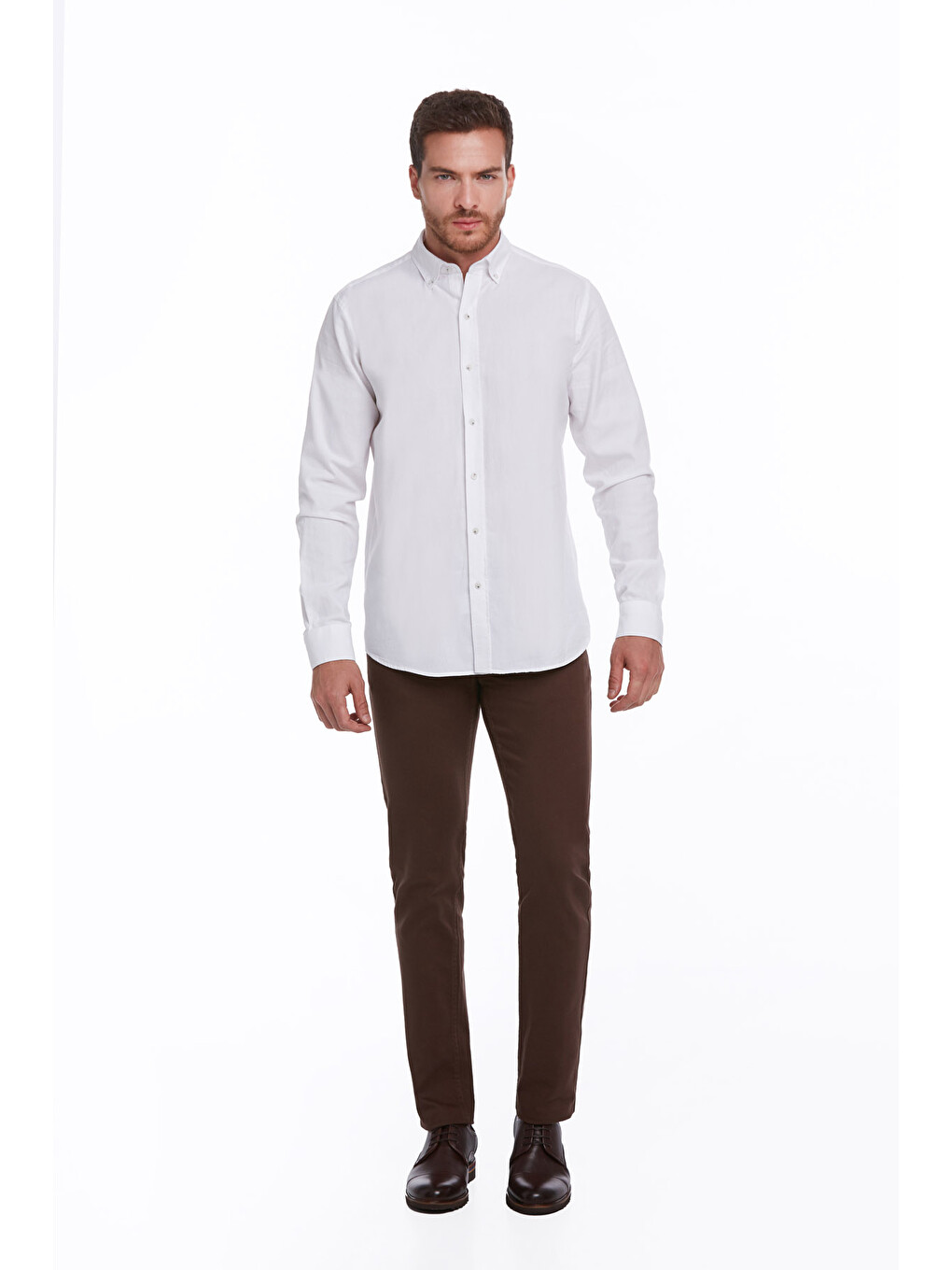 Beyaz Comfort Fit Düz 100% Pamuk Düğmeli Yaka Uzun Kollu Casual Oxford Gömlek-4