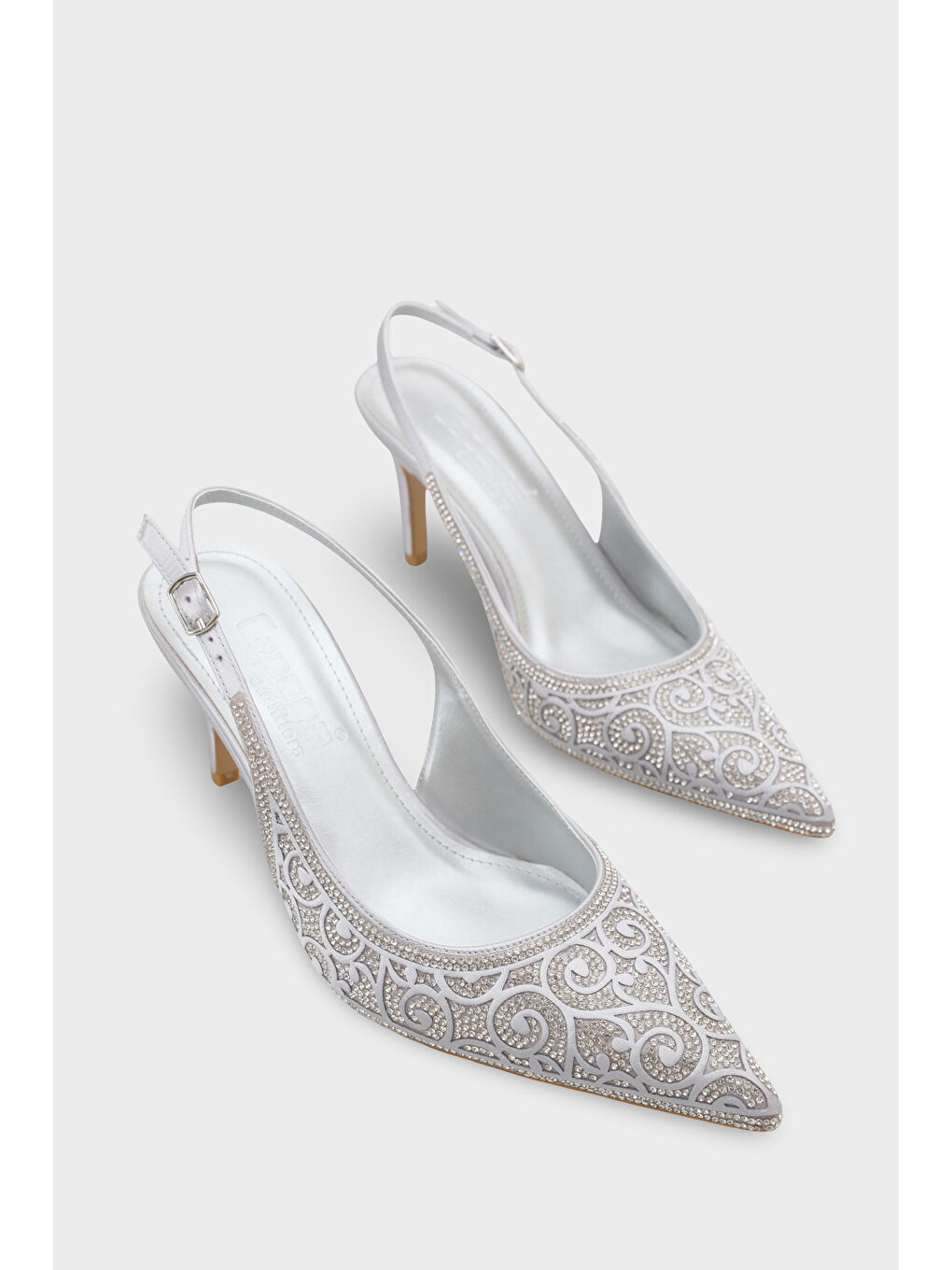 Gri Melony Orta Topuklu Taşlı Arkası Açık Saten Kadın Ayakkabı-1