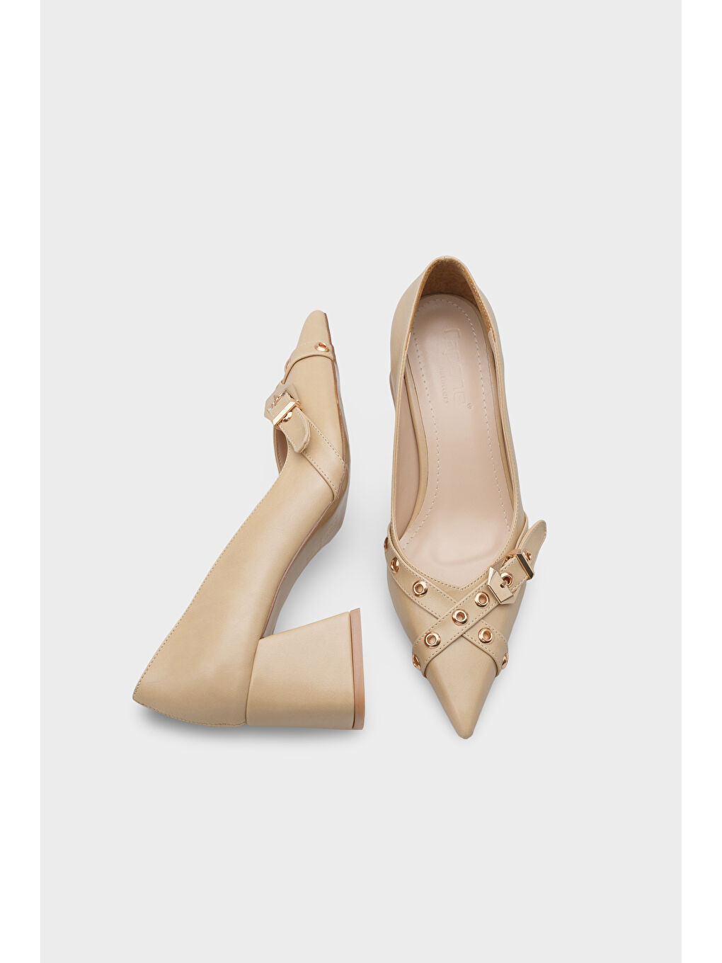 Bej Kristal Kalın Orta Topuklu Tokalı Kadın Günlük Ayakkabı-4