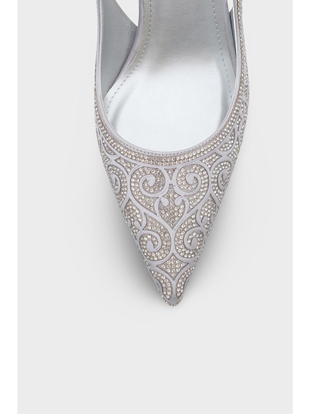 Gri Melony Orta Topuklu Taşlı Arkası Açık Saten Kadın Ayakkabı-2