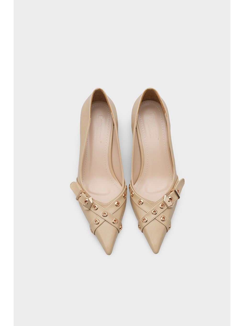 Bej Kristal Kalın Orta Topuklu Tokalı Kadın Günlük Ayakkabı-5