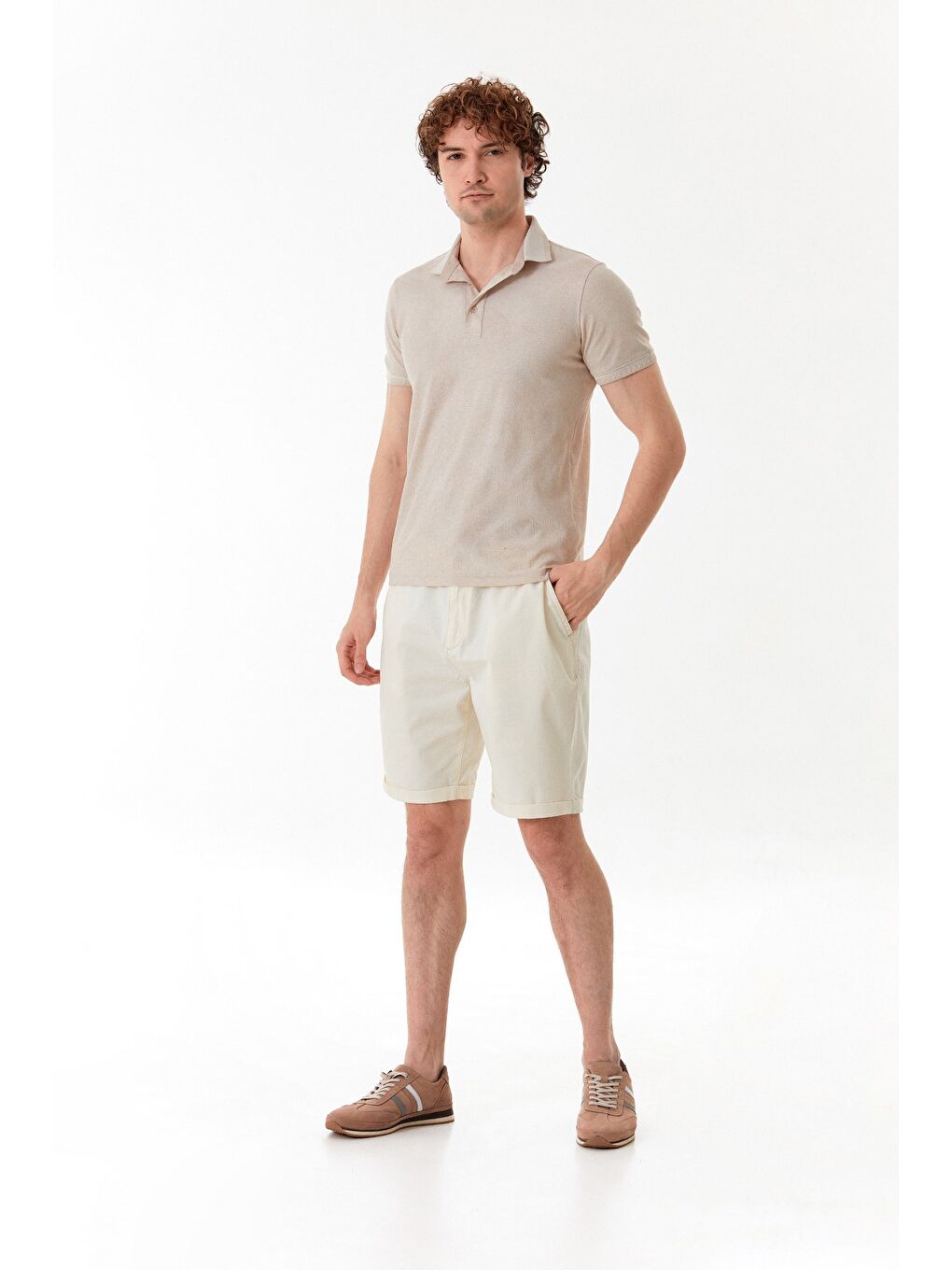 Ekru Beli Lastikli Bağlamalı Duble Paça Cepli Şort