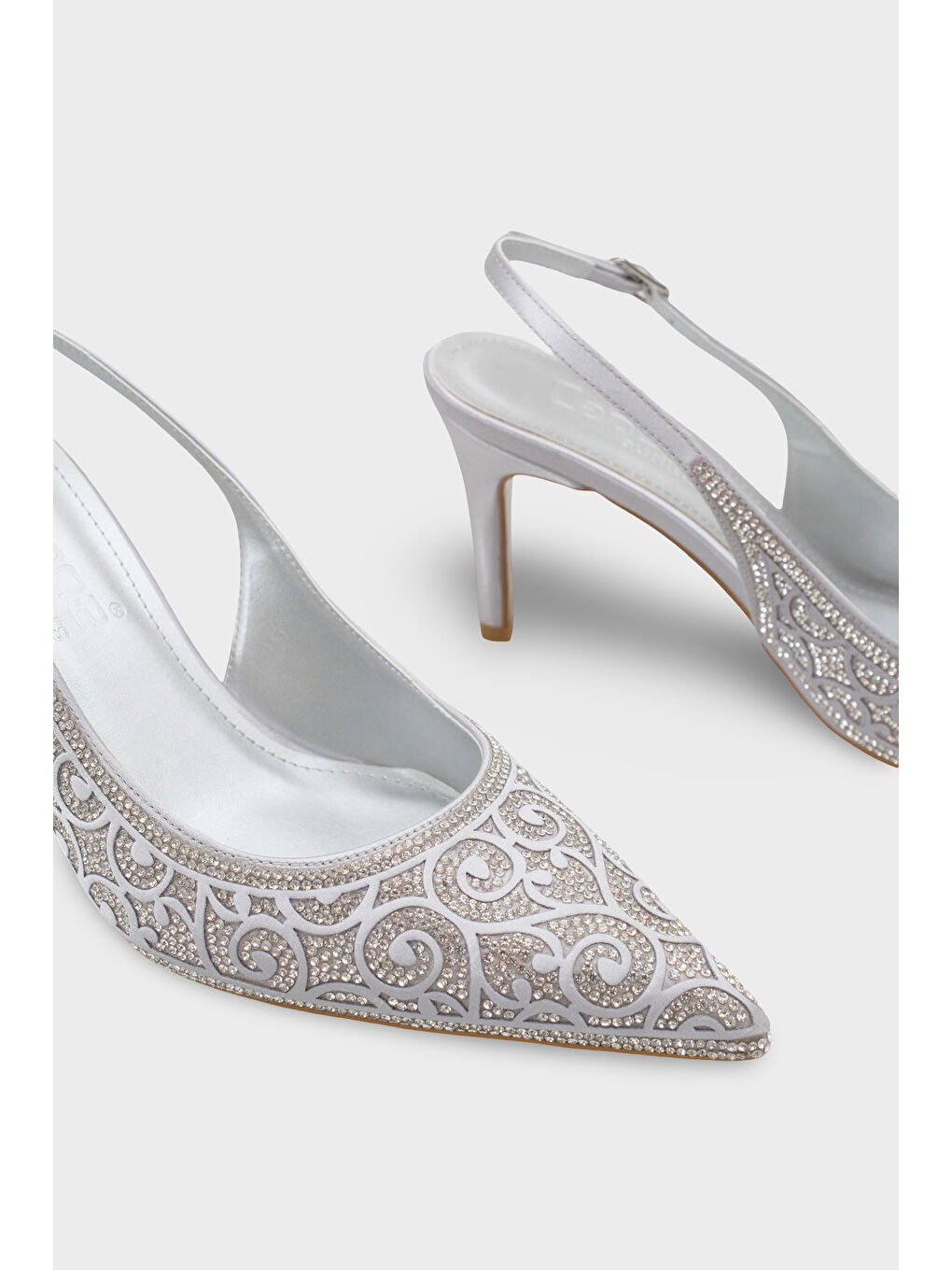 Gri Melony Orta Topuklu Taşlı Arkası Açık Saten Kadın Ayakkabı-3