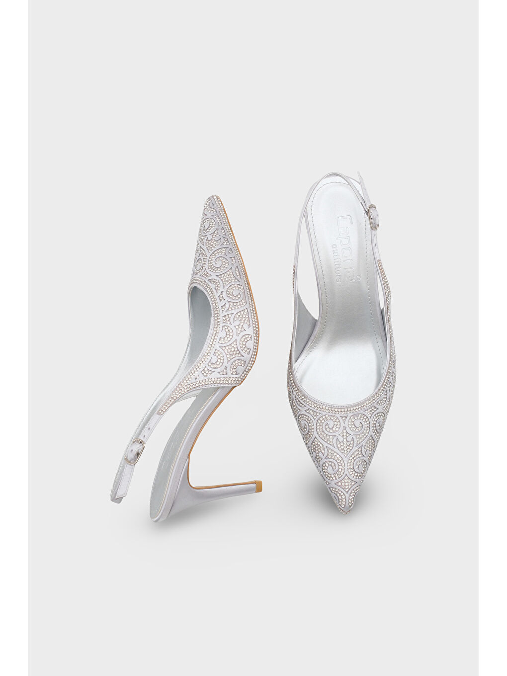 Gri Melony Orta Topuklu Taşlı Arkası Açık Saten Kadın Ayakkabı-4