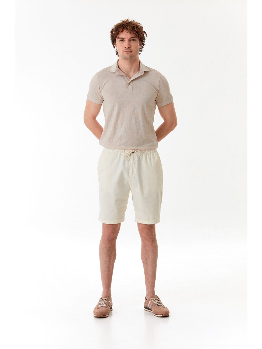 Ekru Beli Lastikli Bağlamalı Duble Paça Cepli Şort-3