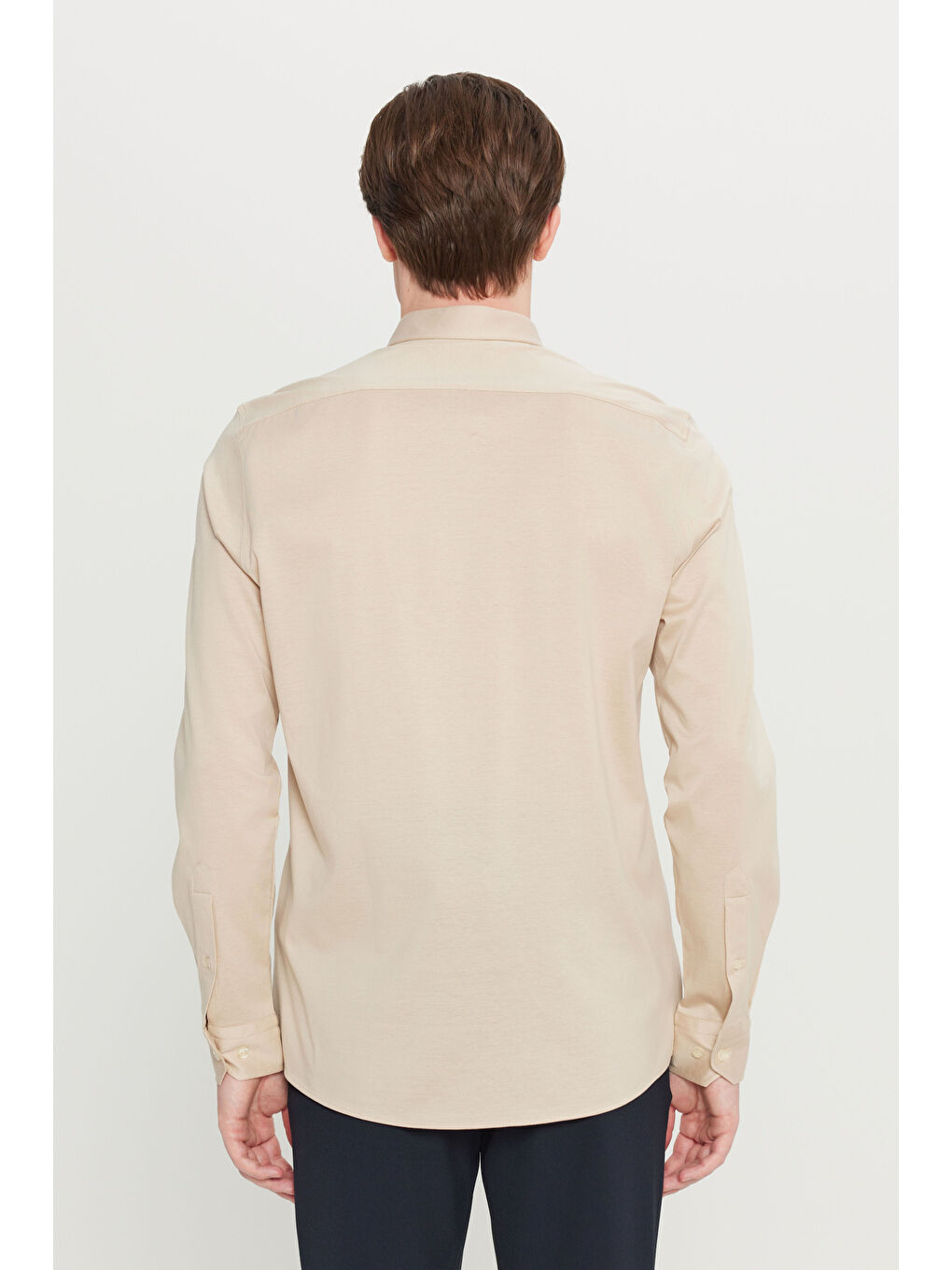 Erkek Bej %100 Pamuk Slim Fit Dar Kesim Düğmeli Yaka Örme Gömlek-4