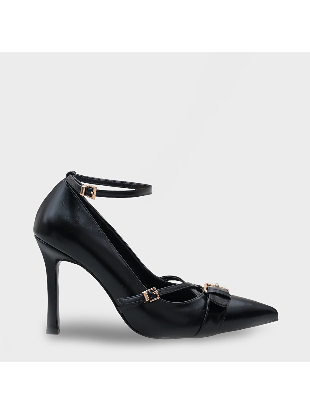 Siyah Kelcy Sivri Burunlu Tokalı Orta Topuklu Günlük Kadın Ayakkabı-1