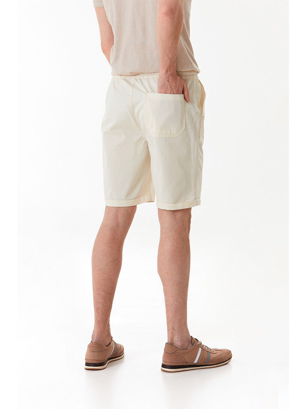 Ekru Beli Lastikli Bağlamalı Duble Paça Cepli Şort-4