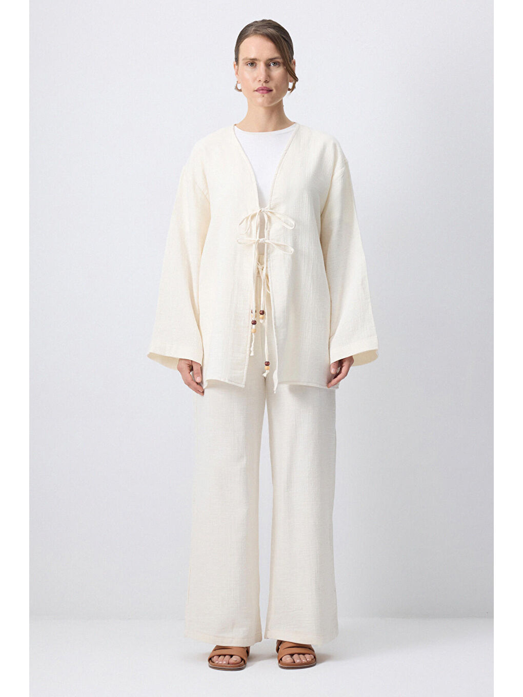 Bej Önden Bağlamalı Kimono Pantolon Takım