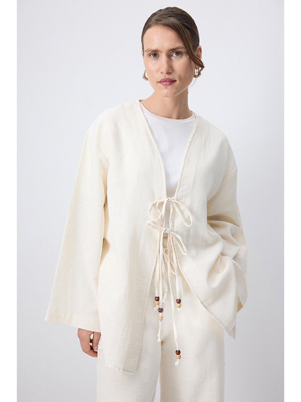 Bej Önden Bağlamalı Kimono Pantolon Takım-1