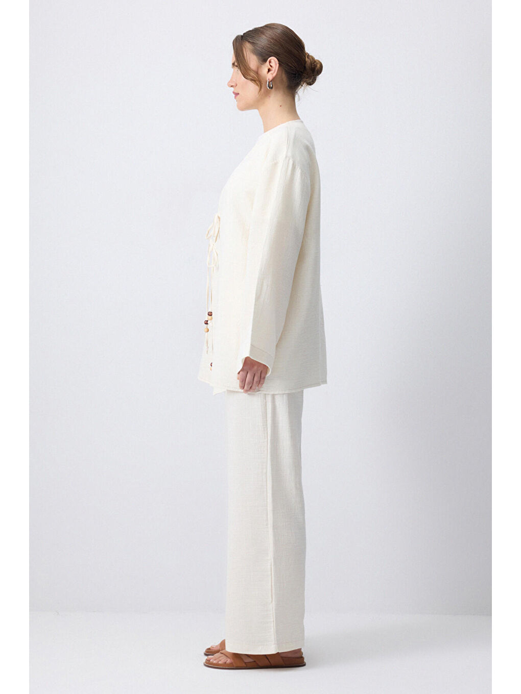 Bej Önden Bağlamalı Kimono Pantolon Takım-2