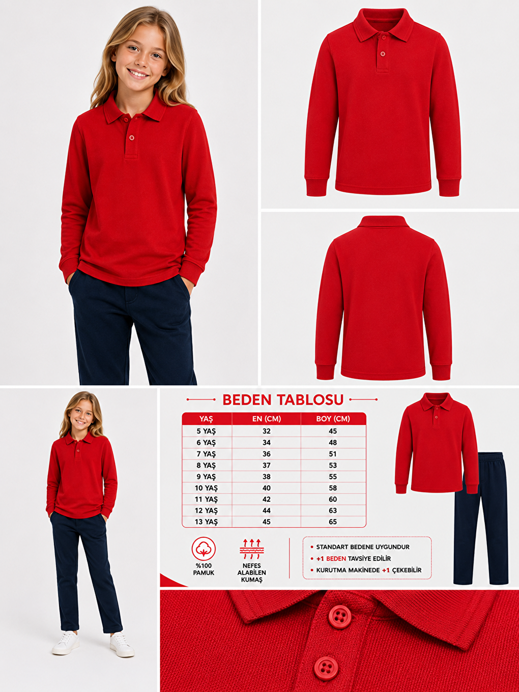 Kırmızı Kids Polo Yaka Basic Uzun Kollu Unisex Kız Çocuk Tişört-1