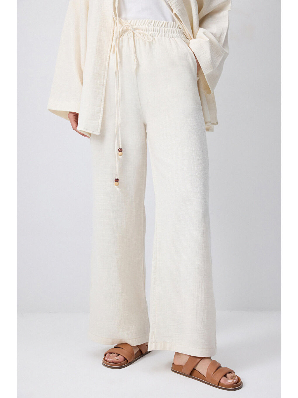 Bej Önden Bağlamalı Kimono Pantolon Takım-4