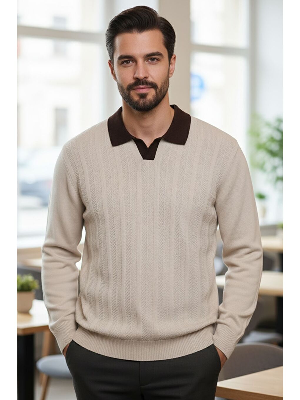 Bej Erkek Polo Yaka Kendinden Desenli Triko Kazak