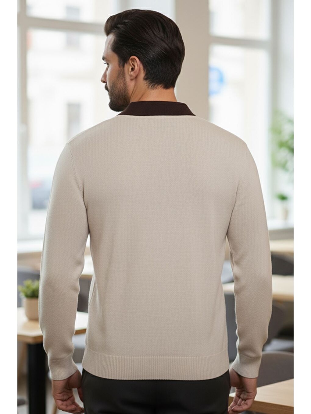 Bej Erkek Polo Yaka Kendinden Desenli Triko Kazak-1