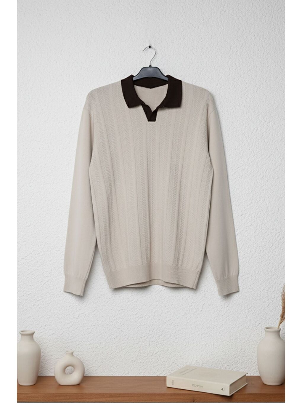 Bej Erkek Polo Yaka Kendinden Desenli Triko Kazak-2