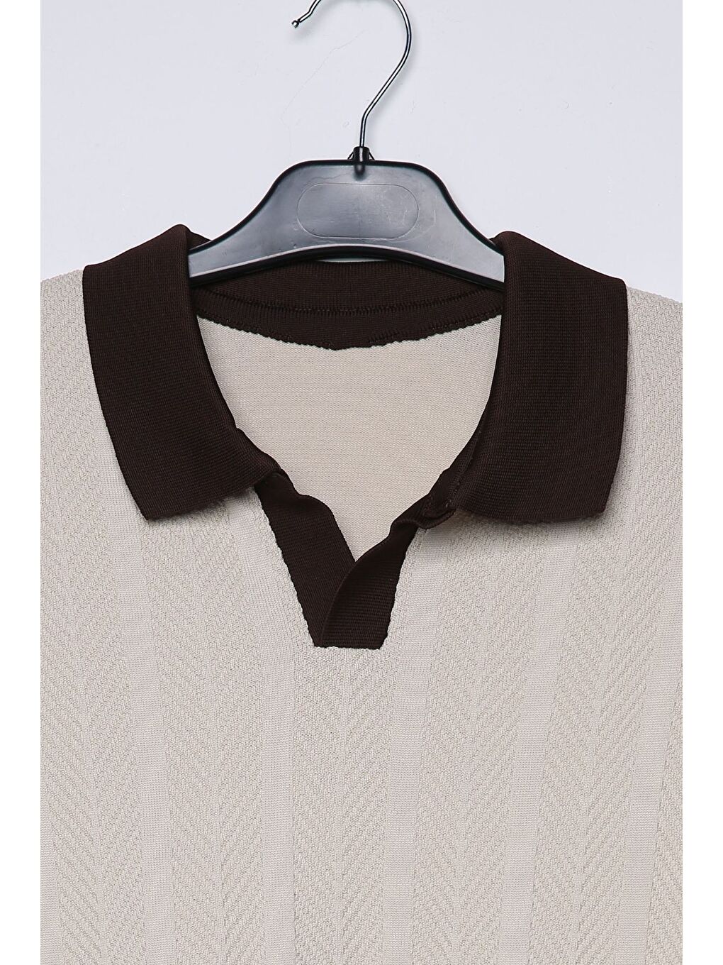 Bej Erkek Polo Yaka Kendinden Desenli Triko Kazak-3