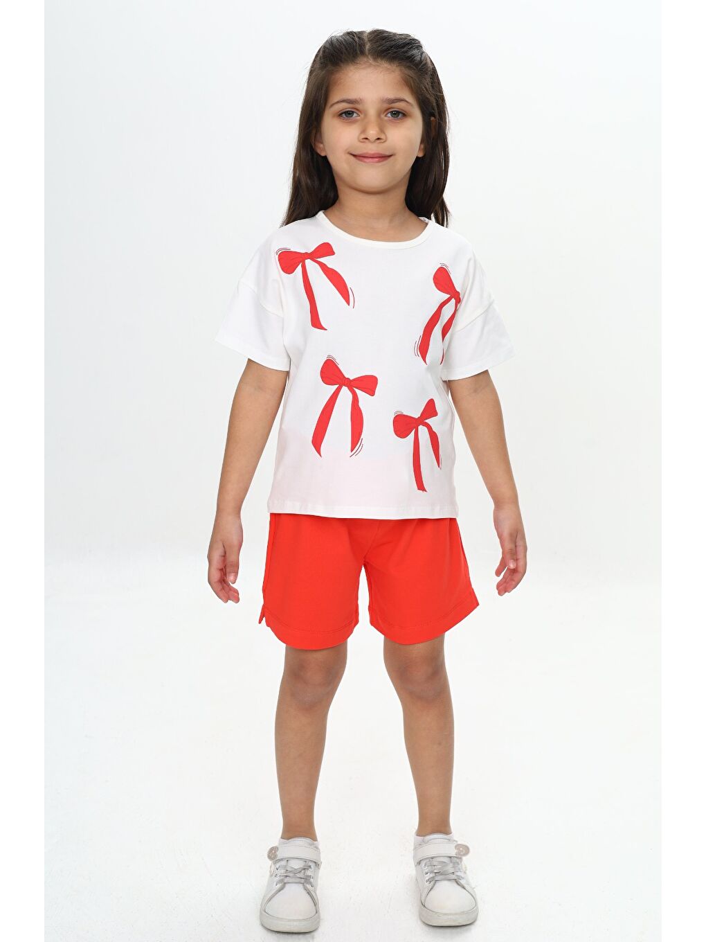 Kırmızı Kız Çocuk Fiyonk Baskılı Şortlu Takım