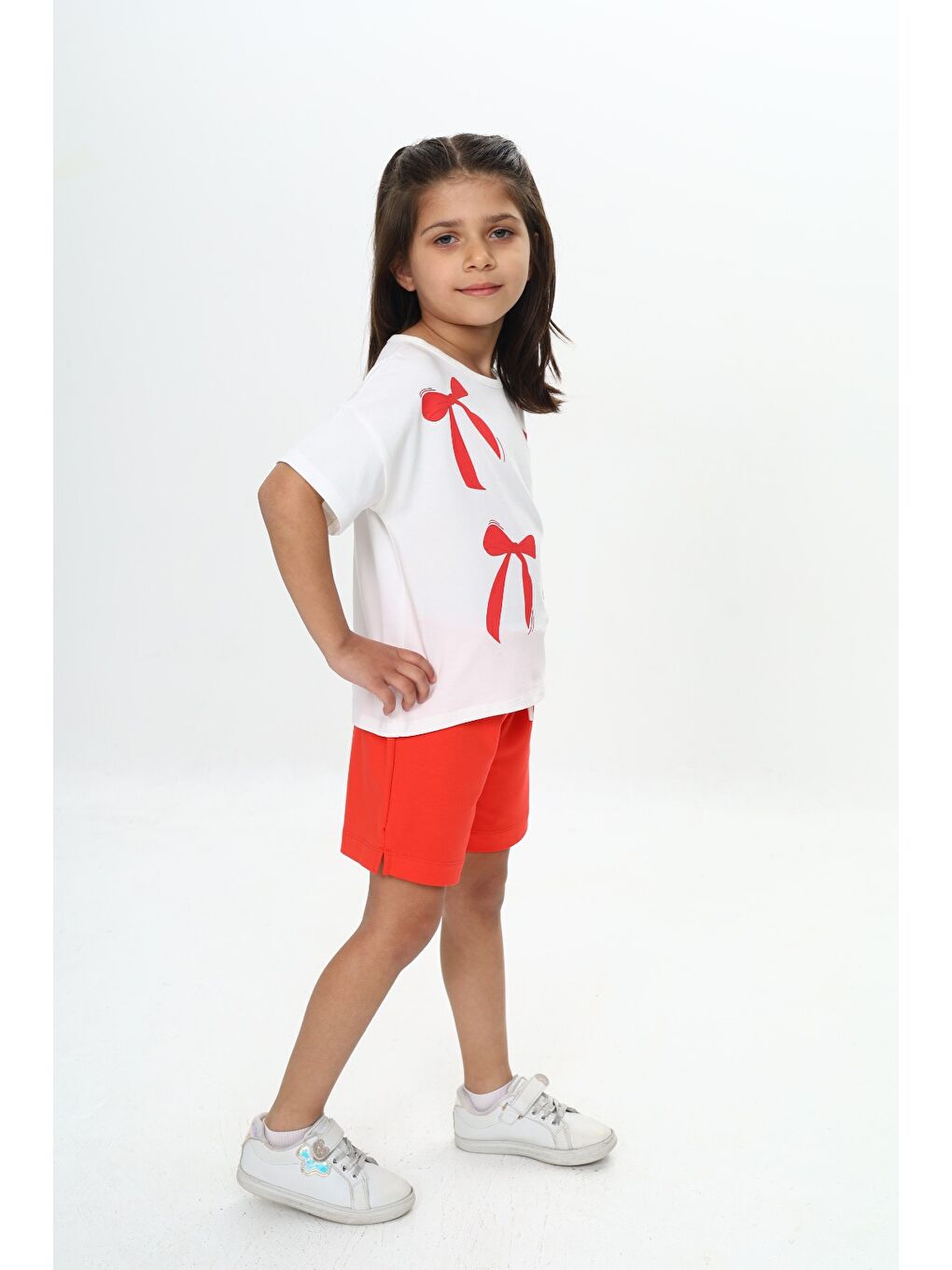 Kırmızı Kız Çocuk Fiyonk Baskılı Şortlu Takım-2