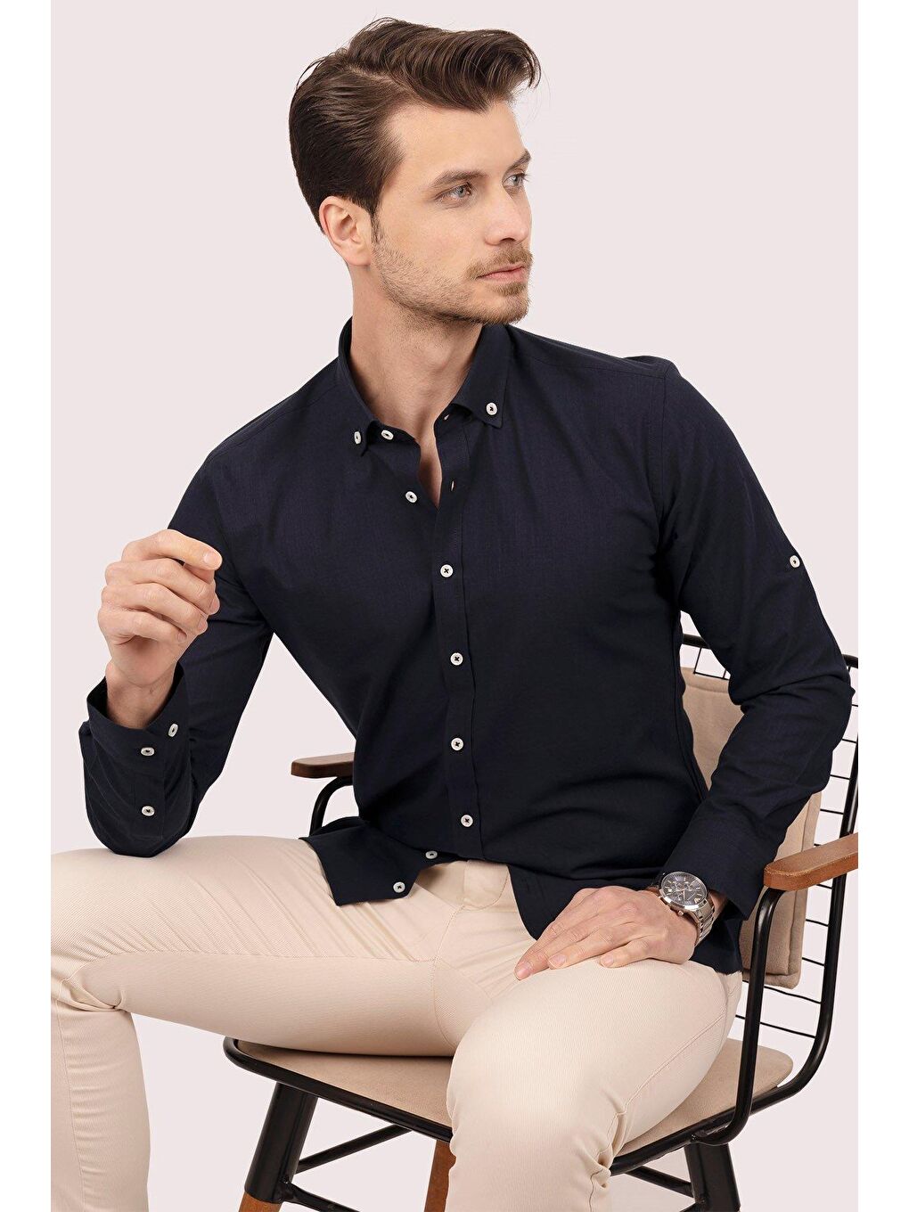 Lacivert Yaka Düğme Keten Görünümlü Slimfit Erkek %100 Pamuk Gömlek-1