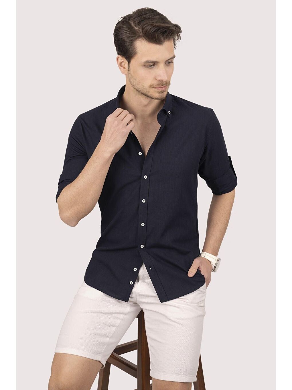 Lacivert Yaka Düğme Keten Görünümlü Slimfit Erkek %100 Pamuk Gömlek-2