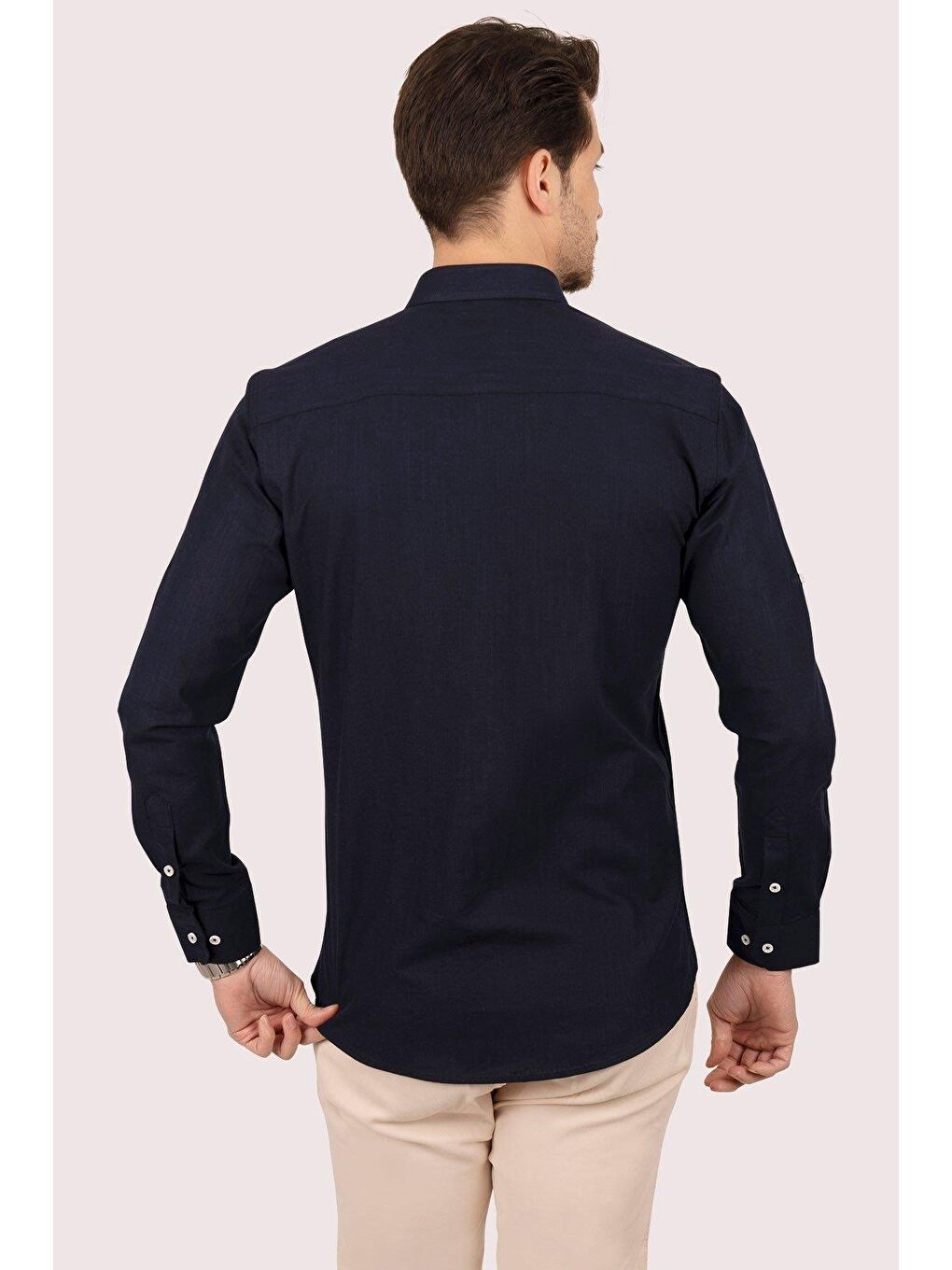 Lacivert Yaka Düğme Keten Görünümlü Slimfit Erkek %100 Pamuk Gömlek-6