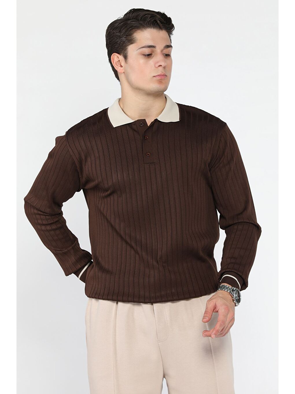 Kahverengi Erkek Polo Yaka Yarım Düğmeli Triko Kazak