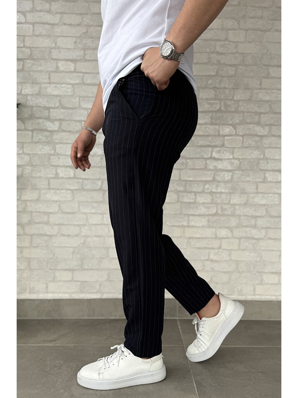 Lacivert Bel Bağlamalı Çizgi Desenli Duble Paça Erkek Pantolon-1