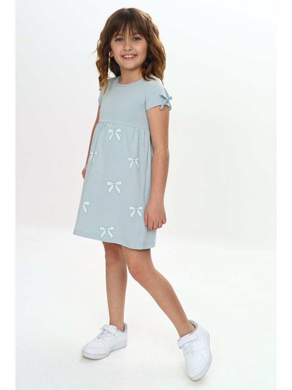 Yeşil Kız Çocuk Fiyonk Baskılı Elbise-1