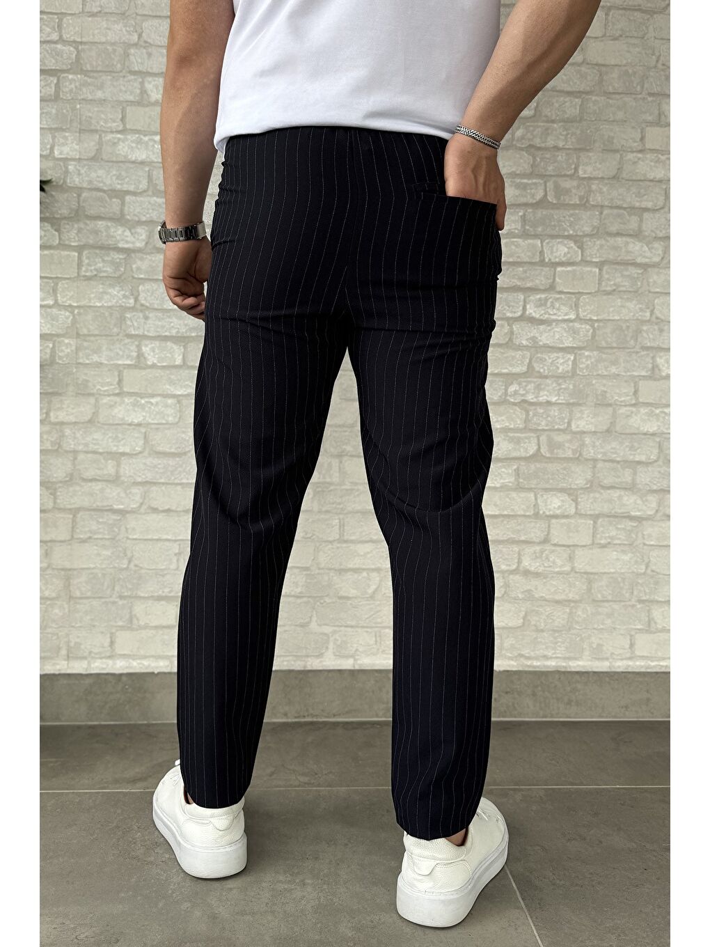 Lacivert Bel Bağlamalı Çizgi Desenli Duble Paça Erkek Pantolon-2